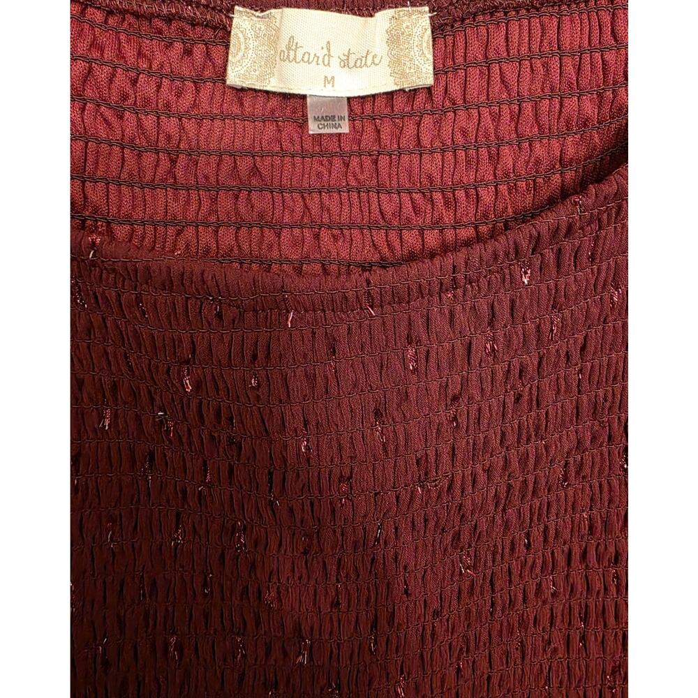 NWT Altar'd State Burgundy Ruffle Dress w/Sheer Balloon Sleeves Shimmer Boho - Picture 7 of 10